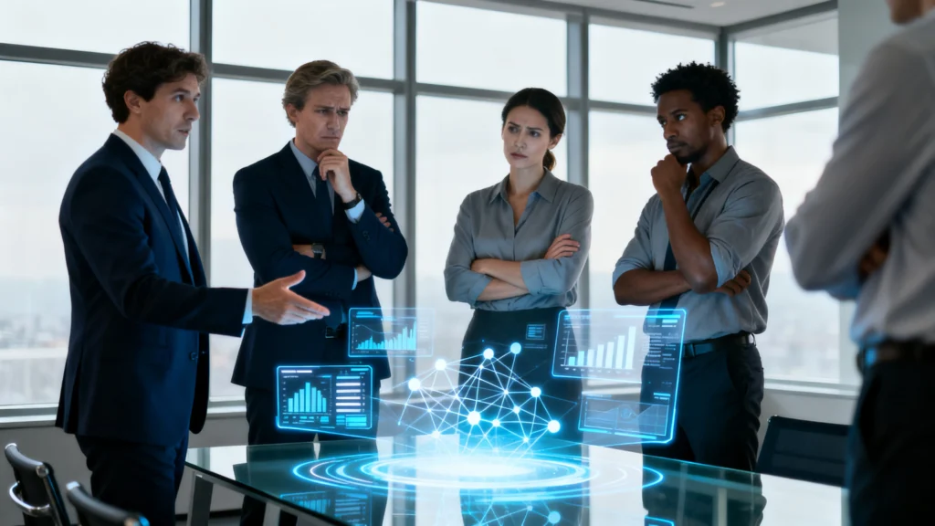 Equipo directivo revisando resultados de un piloto de IA en una reunión de trabajo