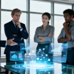 Equipo directivo revisando resultados de un piloto de IA en una reunión de trabajo