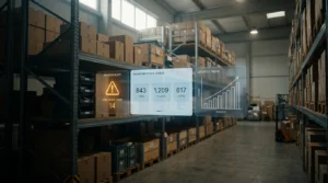 Panel de reposición automática de inventario impulsado por IA en un almacén.