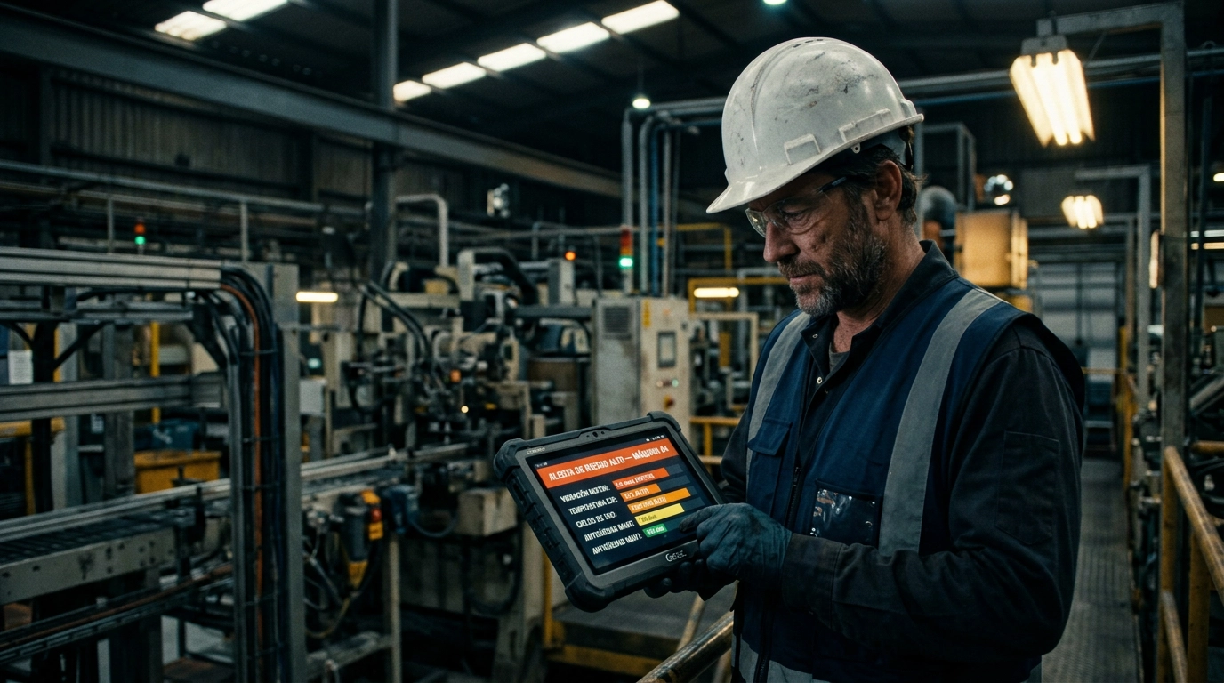 Responsable de operaciones revisando en una tablet las variables que explican una alerta de mantenimiento predictivo